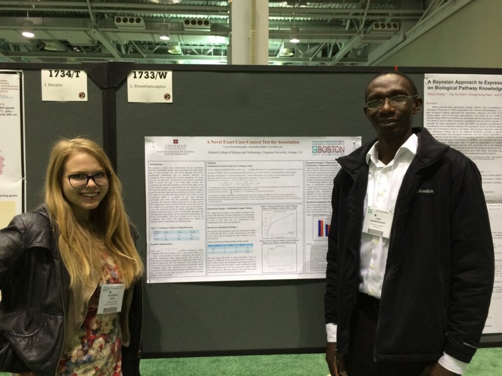 Computational Science students Louis Ehwerhemuepha and Alexandria Smith (photo attached) traveled to Boston to make a poster presentation on October 23 at the Annual Meeting of the American Society of Human Genetics (ASHG)