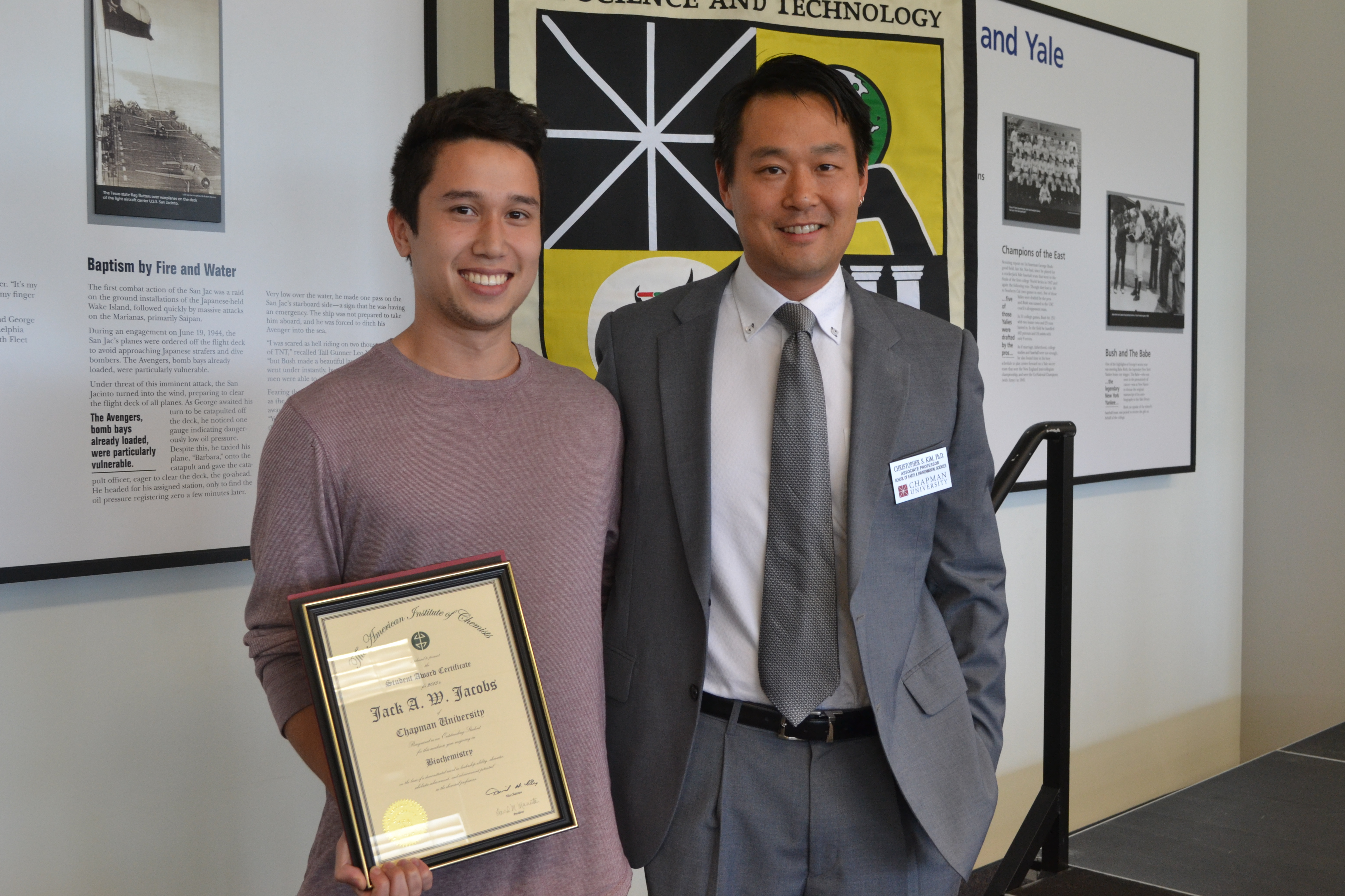 Jack Jacobs '15 with Dr. Christopher Kim at Schmid College's 2015 Senior Awards Banquet. Jacobs was honored by with the American Institute of Chemists student award.