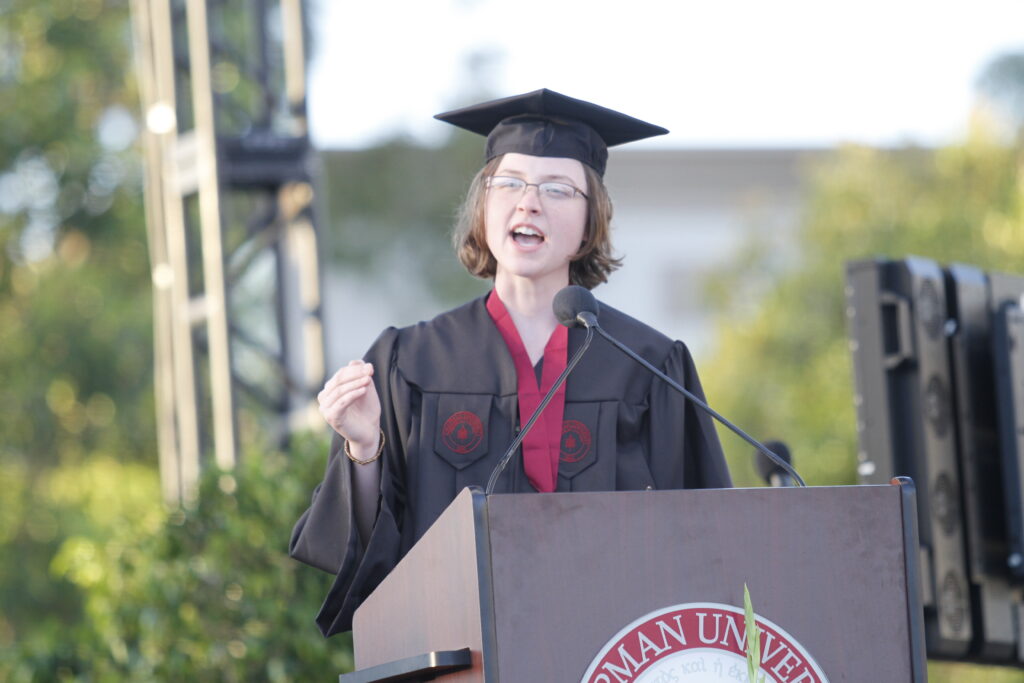 2017 Cheverton Trophy winner Taylor Patti '17 addresses the crowd at the 2017 Closing Convocation Ceremony.