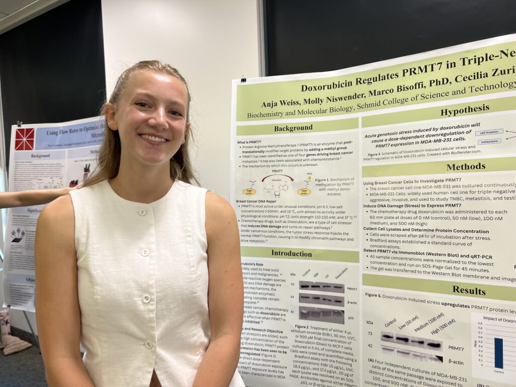 Anja Weiss standing by her research poster, smiling, at the Summer 2026 Research Symposium.