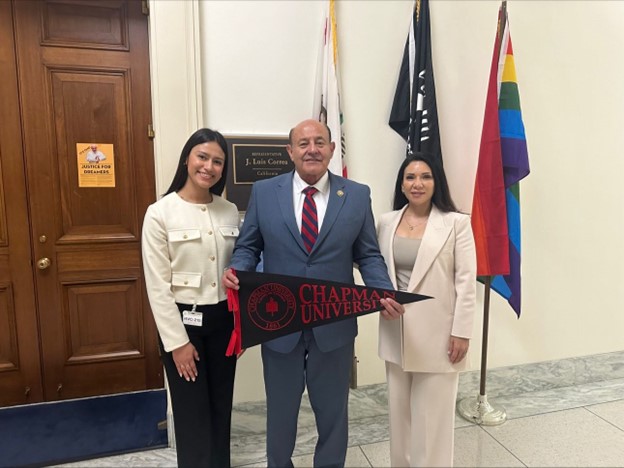 Valeria Delgado, Congressman Lou Correa, and Chapman Assistant VP of Diversity, Equity, and Inclusion, Dr. Gabriela Casteneda.