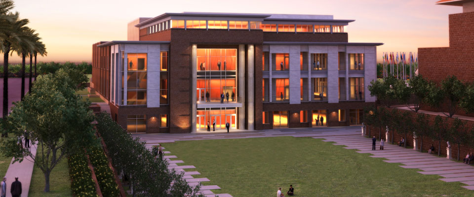 Large building at dawn.
