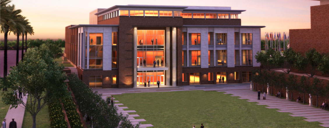 Large building at dusk.
