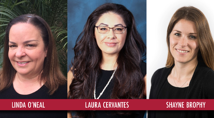 Headshots of Linda O'Neal, Laura Cervantes, and Shayne Brophy-Felbab