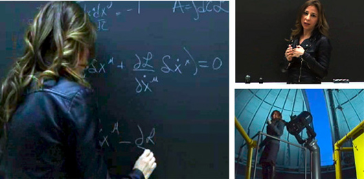 Collage of woman speaking and working equation.