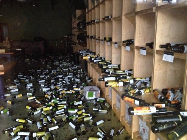 Wine storage covered in bottles from earthquake.
