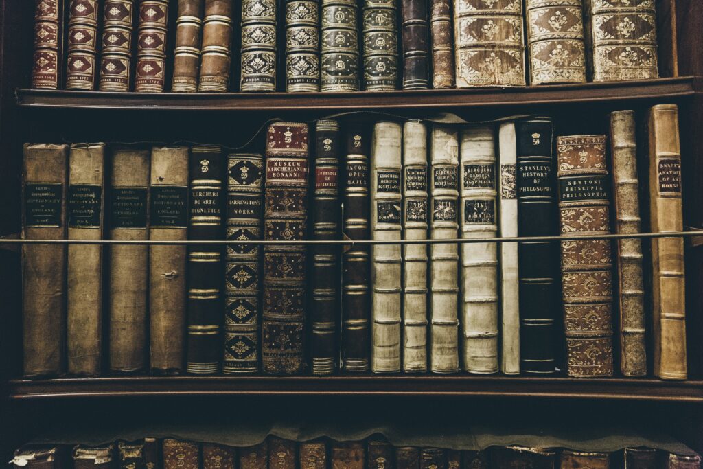 Books in a library.