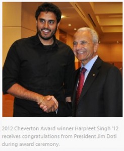 2012 Cheverton Award Winner Harpreet Singh shaking hands with President Jim Doti during award ceremony