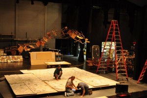 Stage crews work on the set for the rock musical “Spring Awakening”
