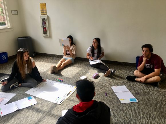 Students sitting on floor working on a group assignment
