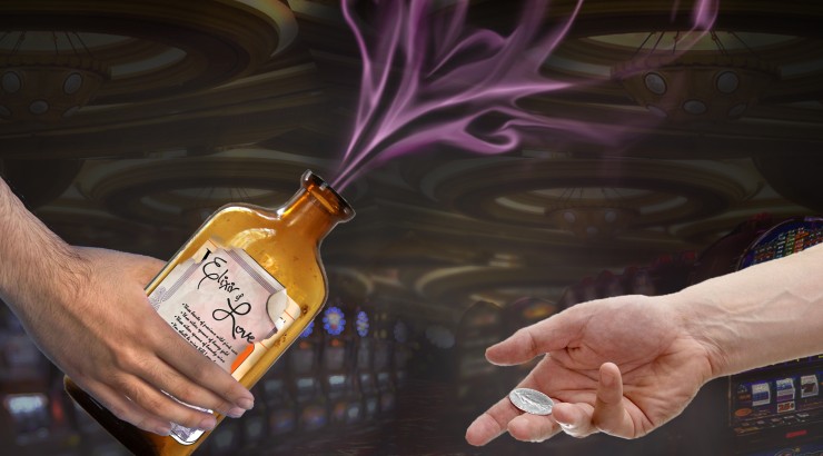 Artwork depicting an exchange of Elixir of Love and money.