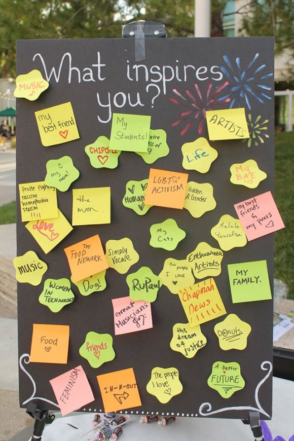 Sticky notes stuck to a sign asking, "What inspires you?"