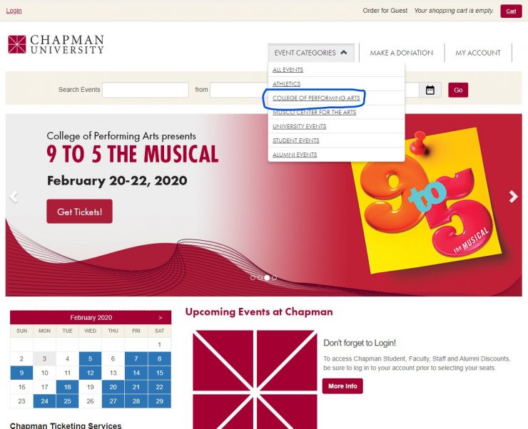 screen shot of ticketing site