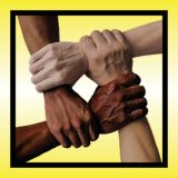 Square yellow background with black inset outline and four male forearms in varying skin tones grasping adjacent wrists to form a square.