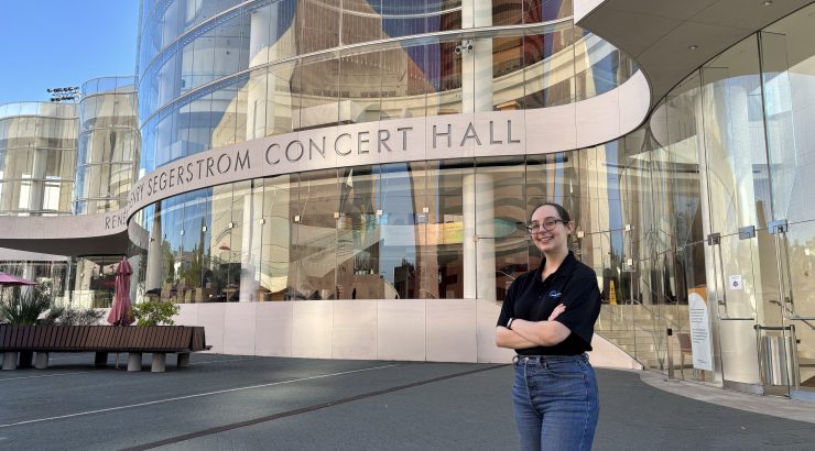 Kelly Picton in front of Segerstrom Concert Hall