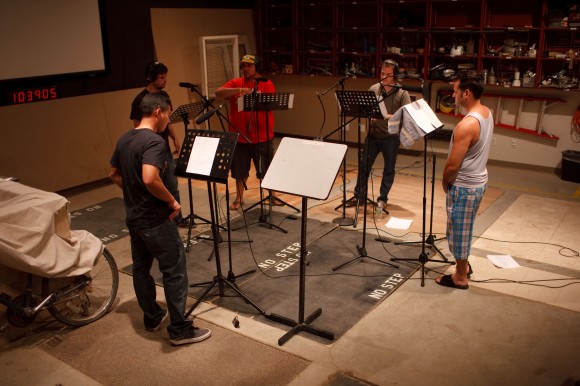 image of actors in the midst of a recording session on the Foley Stage