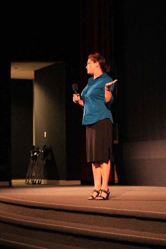 Elaina Archer, from the Mary Pickford Foundation, talking to students at last year's screening in the Folino Theater.