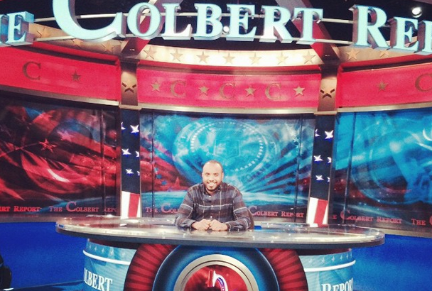 Image of Justin Simien on the set of THE COLBERT REPORT