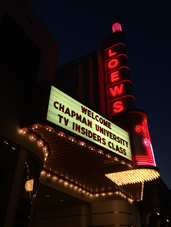 Image of the Loews Theater Marquee on the Sony lot, welcoming Chapman University TV Insiders Class
