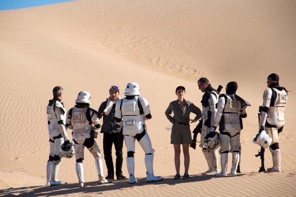 1st AD Trevor Stevens and Producer Westin Ray swap Star Wars jokes with Sandtroopers between takes.