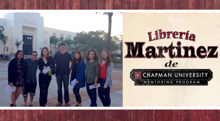 Students in front of Santa Ana High School next to Librería Martinez de Chapman University Mentoring Program logo.