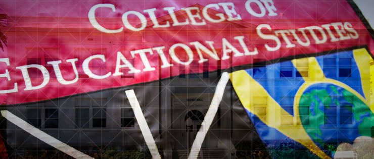 College of Educational Studies flag with building overlapped.