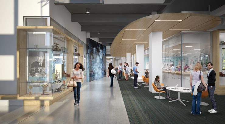 Rendering of the Center for Science and Technology 1st floor lobby.