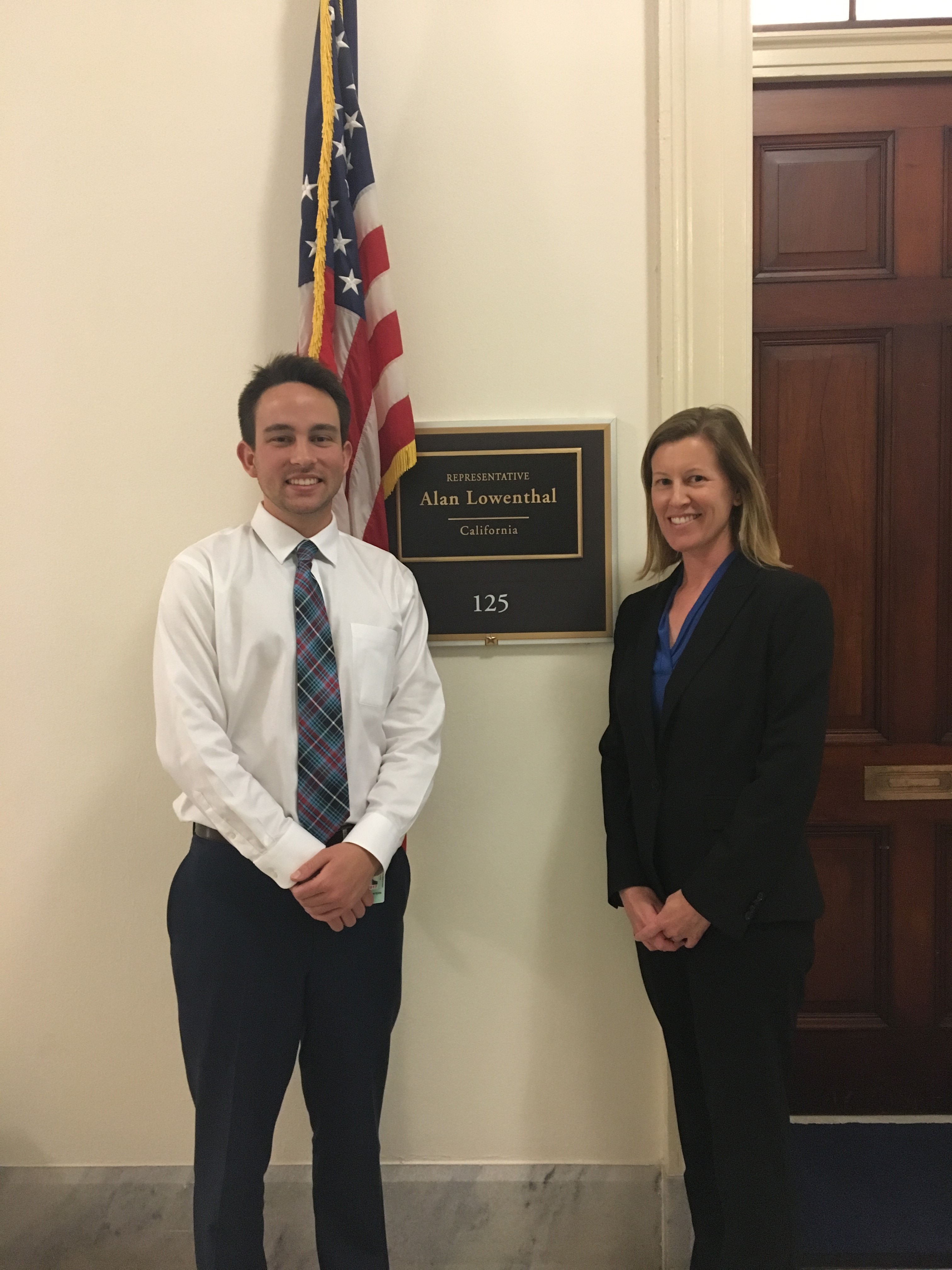 Jennifer Funk (Associate Professor of Biology) and Clayton Heard (Environmental Science and Policy, class of 2016), who is an intern with House Representative Alan Lowenthal.