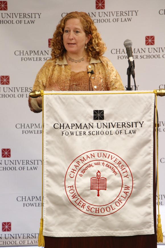 UCLA Law Dean Jennifer L. Mnookin speaking at Podium