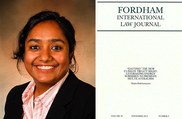 Deepa Fordham headshot and Fordham International Law Journal cover