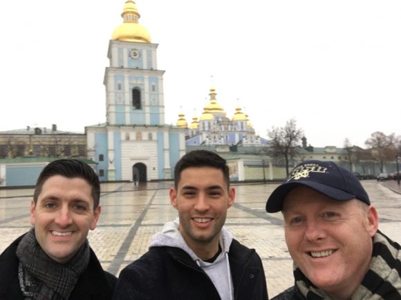 Grosch, Cruz and Professor Dowling in front of Kyiv building