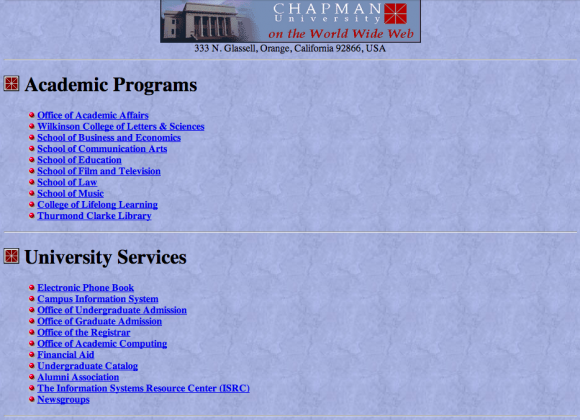 Screen shot of the Chapman website from 1996