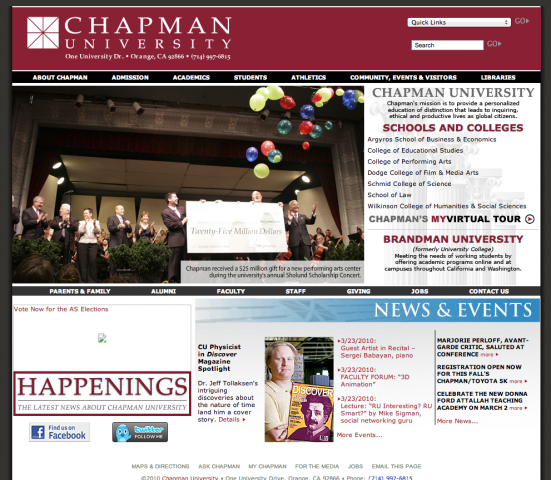 Screen shot of the Chapman website from 2010