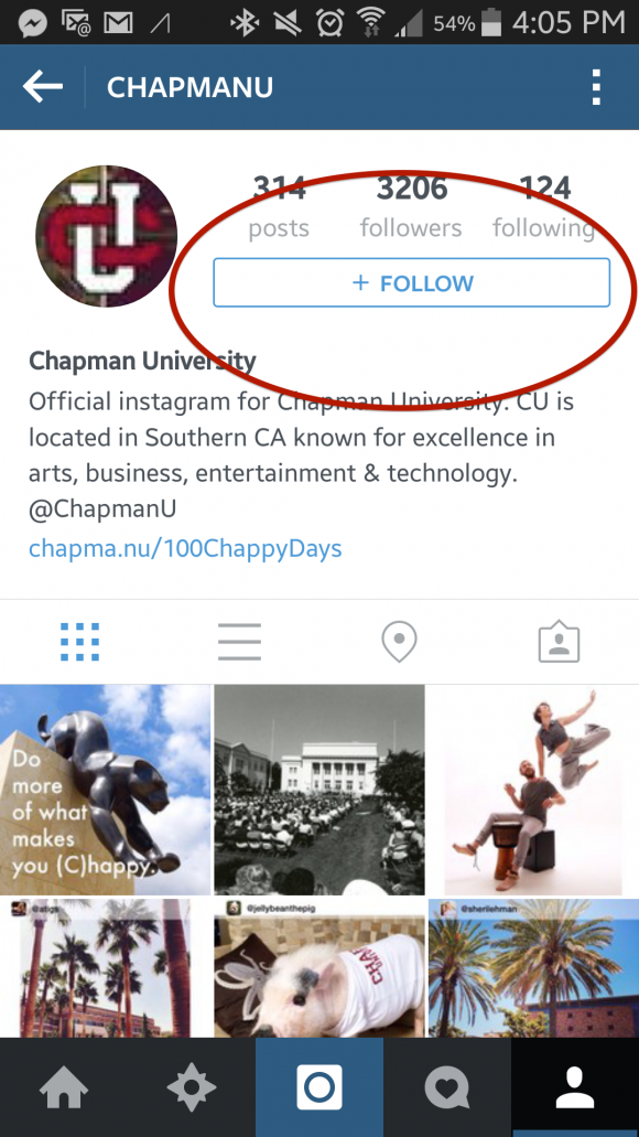 Screen shot of Chapman's Instagram page with a red circle around the follow button