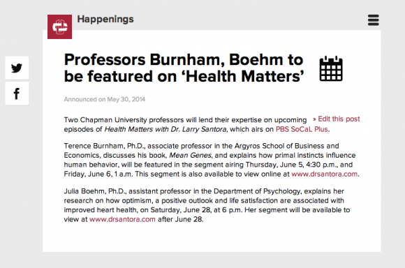 Screen shot of Chapman blogpost about professors being featured on "Health Matters"