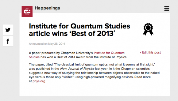 Screen shot of Chapman blogpost about the Institute for Quantum Studies article winning "Best of 2013"