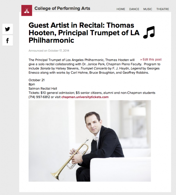 Screen shot of the Chapman Blog post about the Guest Artist in Recital Annoucement