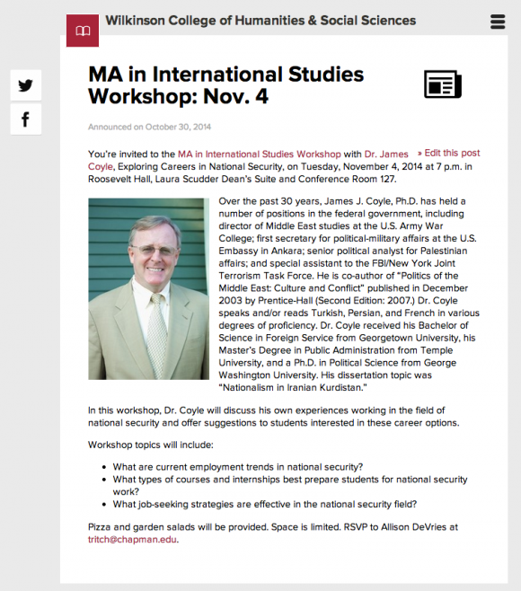 Screen shot of the Chapman University Blog post about the MA in International Studies Workshop on November 4th