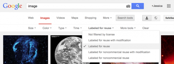 Screen shot of Google image search result with label for reuse drop down menu