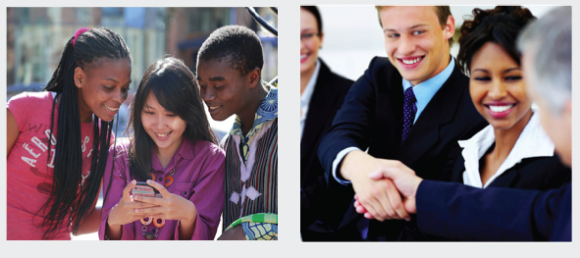 images of young people looking at a cell phone and business people shaking hands