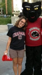 Chiara poses with Pete the Panther!