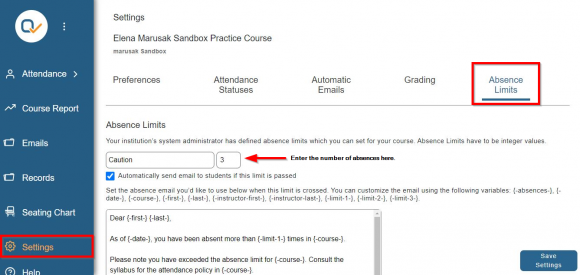 Absence Limits in Settings in Qwickly Attendance