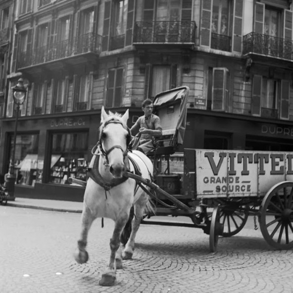 man riding a horse cart