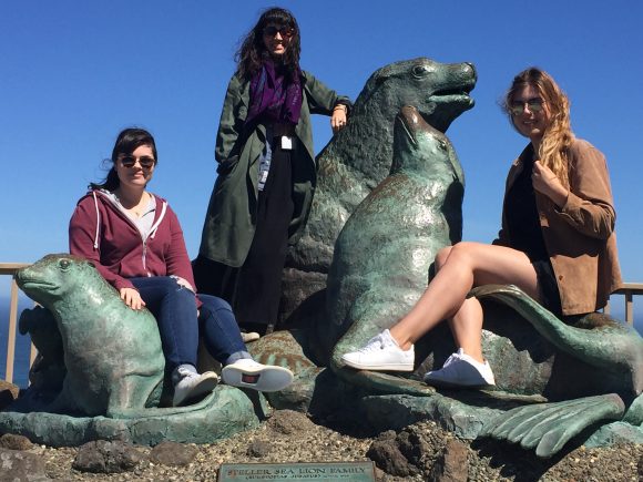 Jessica Bocinski, Natalie Lawler, and Manon Wogahn posing with the Steller Sea Lions.
