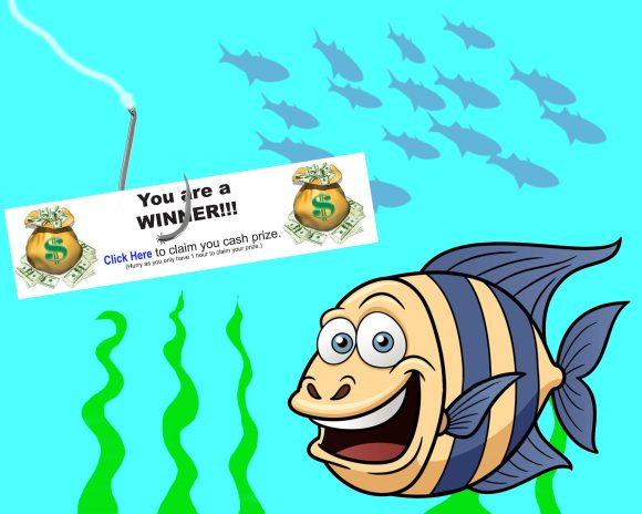 phishing clickbait - Smiling fish next to a ticket that say "You are a Winner, click here to claim you cash prize" on a fishing hook.