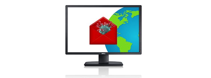 Computer monitor displaying an open envelope with the virus inside. The background is white with the planet earth.