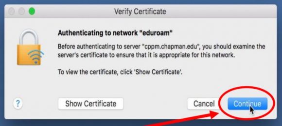 Screenshot of the MacOS network certificate message with a red arrow pointing to the "Continue" button.