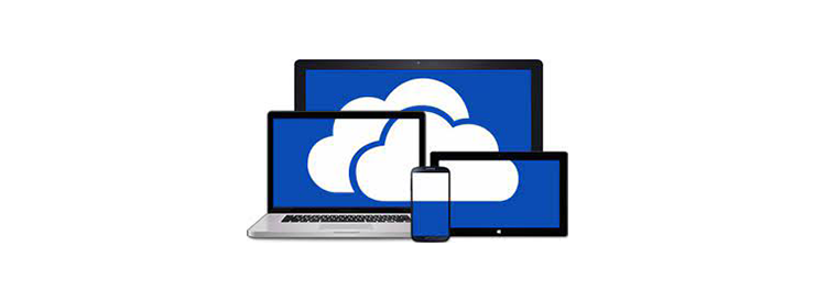 Illustrated image of the OneDrive cloud logo on mobile and desktop devices.