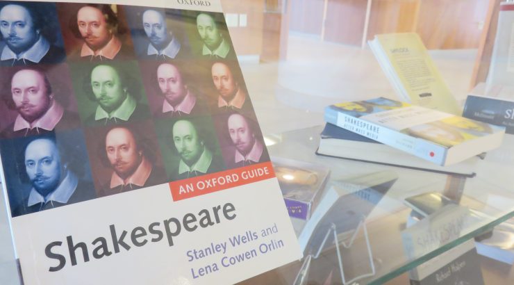 Shakespeare book on display case.