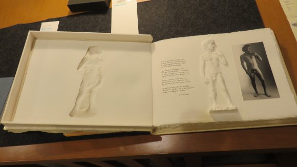 An open artist's book, displaying Michelangelo's David made out of pressed paper.